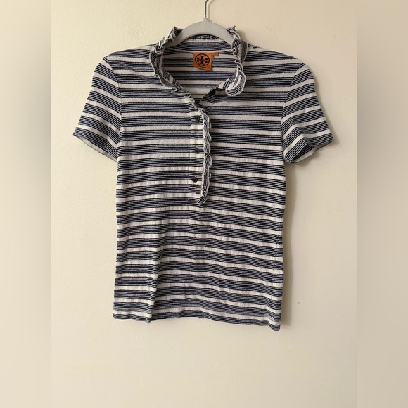 Tory Burch Stylish Striped Lidia Lace Polo Shirt, size XS - Picture 2 of 9